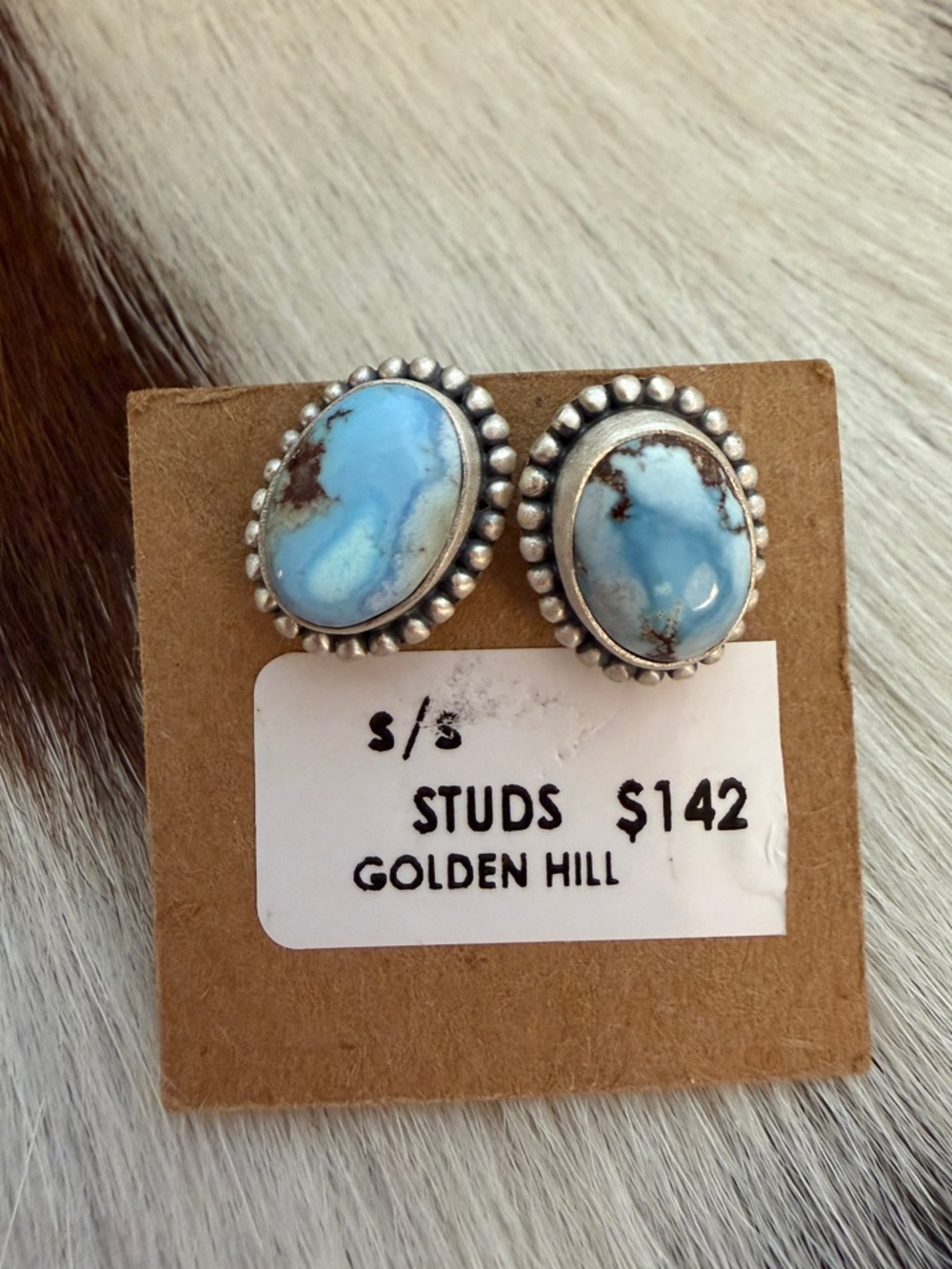 ❤️ Golden Hills Turquoise Navajo Style Matte Sterling Silver Stud Earrings .52”L - Picture 3 of 16